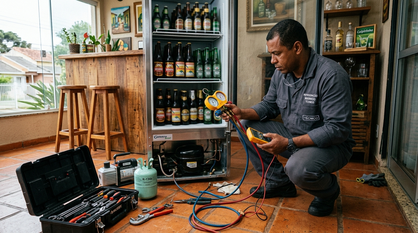 Técnico realizando manutenção de motor de cervejeira em Santa Maria‑RS